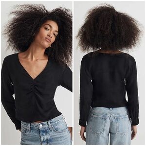 Madewell Brushed Ruched-Front Long Sleeve Top in True Black Size 2 NWT